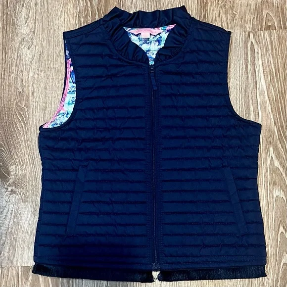 Lilly Pulitzer, Girls Blue Puffer Vest with Ruffle Trim and fringe bottom, SizeL